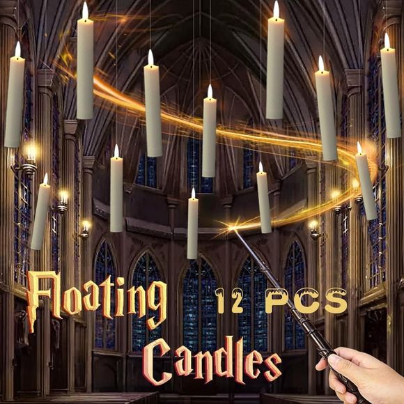 12 Floating Candles with Magic Wand Halloween Flameless LED Wizard - Picture 1 of 11